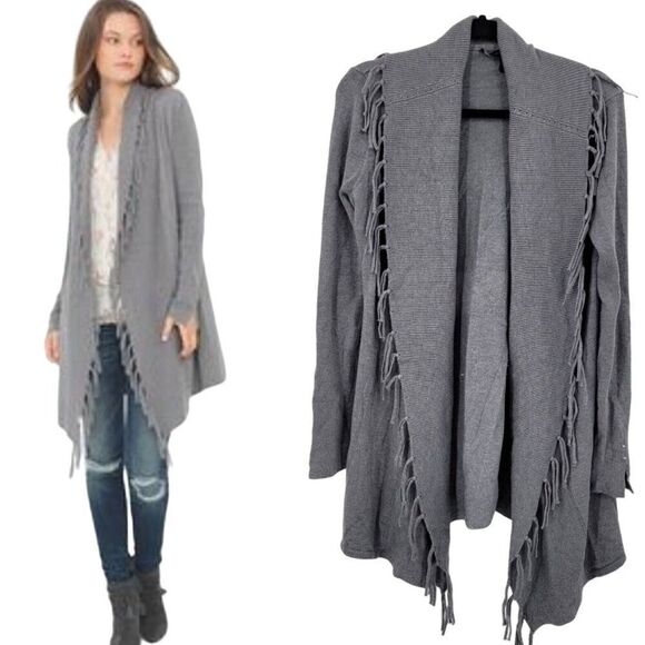 WHBM Fringe Western Cardigan Duster M Gray Wool Heavy Knit Sweater Festival - Picture 2 of 12